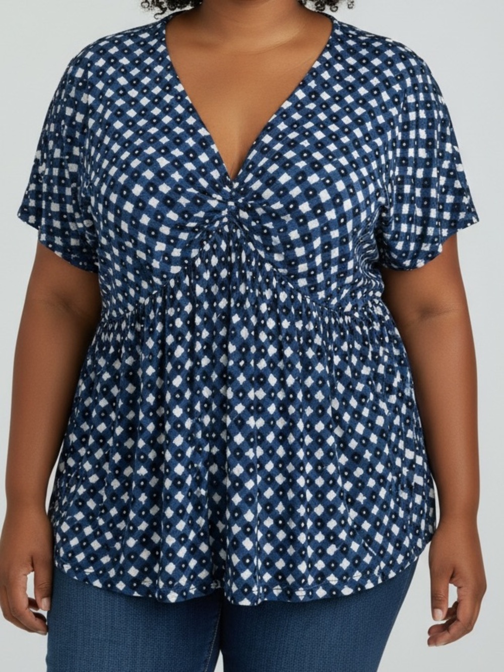 Lane Bryant 18-20 Blue & White Diamond-Print Blouse